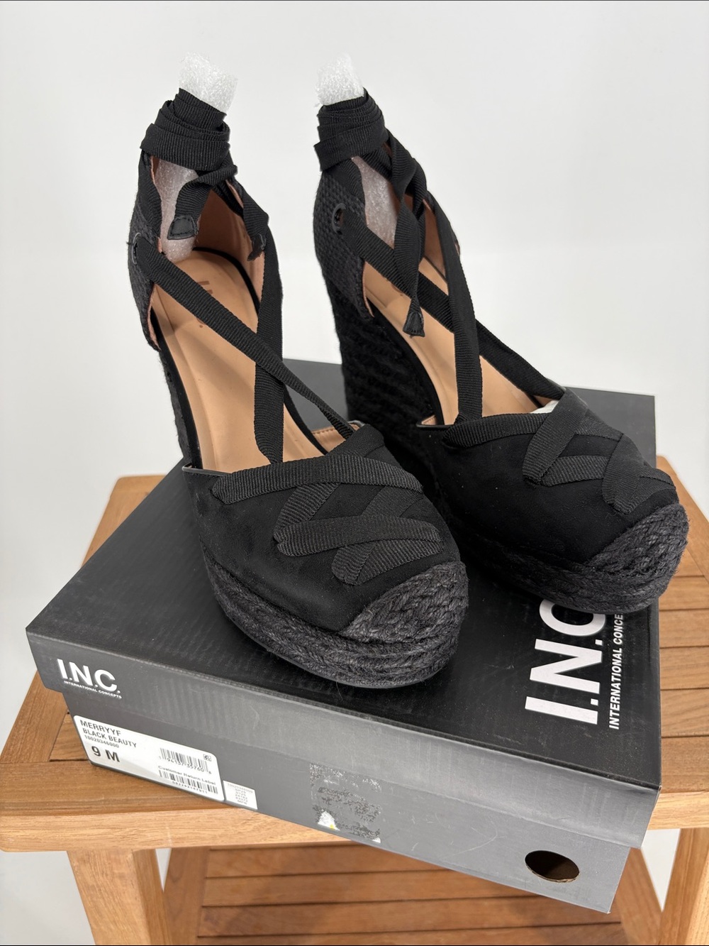 New Women’s INC International Concepts Black Lace-Up Wedge Espadrille size 9M